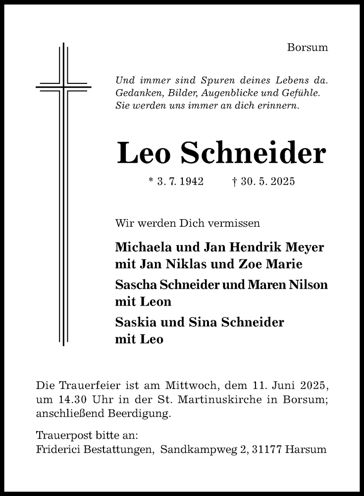  Traueranzeige für Leo Schneider vom 04.06.2025 aus Hildesheimer Allgemeine Zeitung