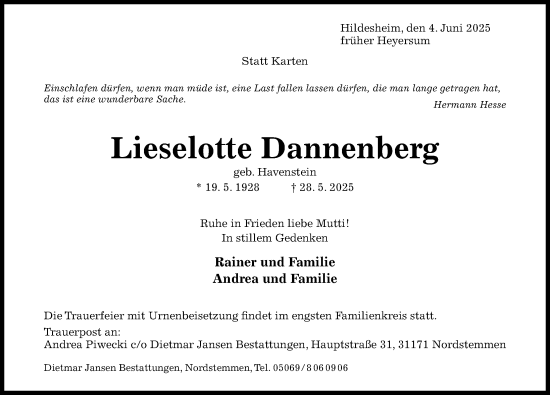 Traueranzeige von Lieselotte Dannenberg von Hildesheimer Allgemeine Zeitung