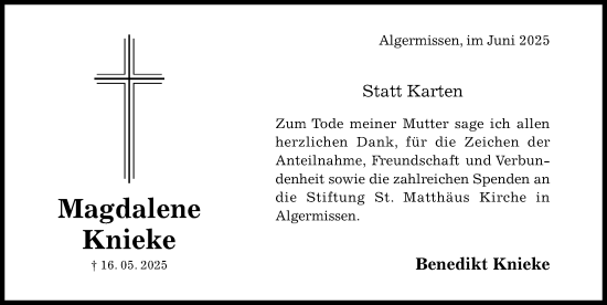 Traueranzeige von Magdalene Knieke von Hildesheimer Allgemeine Zeitung