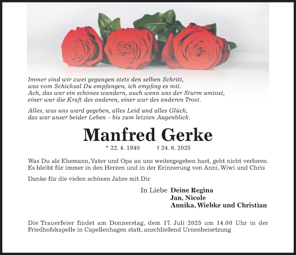  Traueranzeige für Manfred Gerke vom 28.06.2025 aus Hildesheimer Allgemeine Zeitung