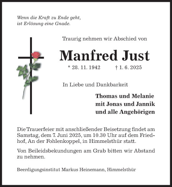 Traueranzeige von Manfred Just von Hildesheimer Allgemeine Zeitung
