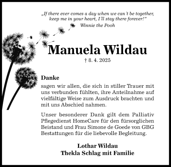 Traueranzeige von Manuela Wildau von Hildesheimer Allgemeine Zeitung