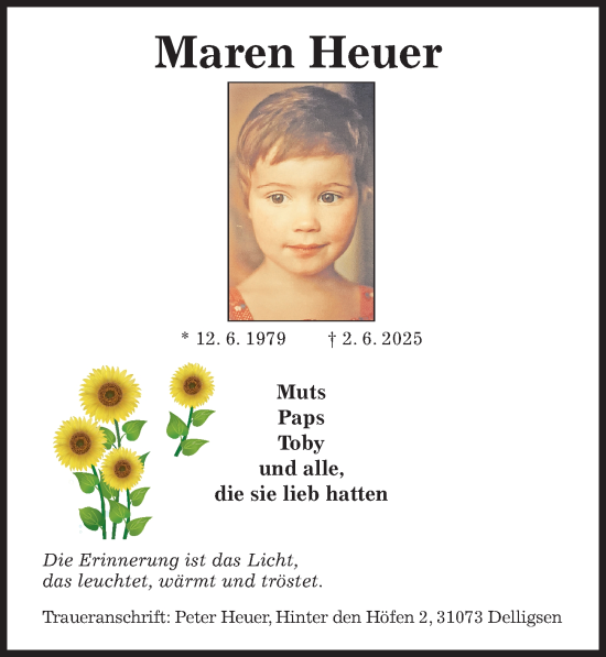 Traueranzeige von Maren Heuer von Hildesheimer Allgemeine Zeitung