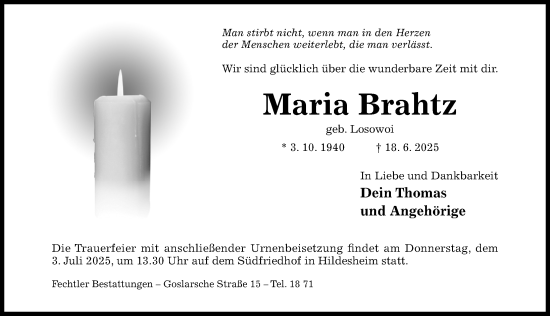 Traueranzeige von Maria Brahtz von Hildesheimer Allgemeine Zeitung