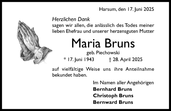 Traueranzeige von Maria Bruns von Hildesheimer Allgemeine Zeitung