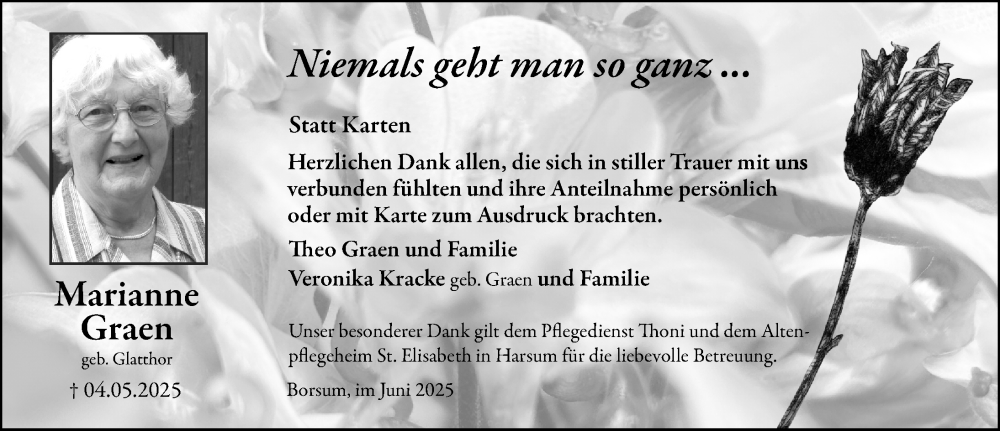  Traueranzeige für Marianne Graen vom 07.06.2025 aus Hildesheimer Allgemeine Zeitung