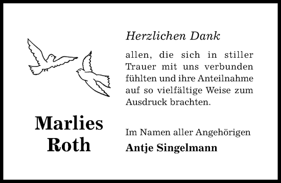 Traueranzeige von Marlies Roth von Hildesheimer Allgemeine Zeitung