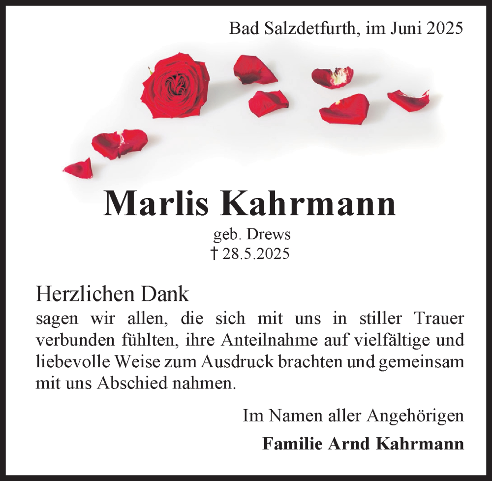  Traueranzeige für Marlis Kahrmann vom 18.06.2025 aus Hildesheimer Allgemeine Zeitung