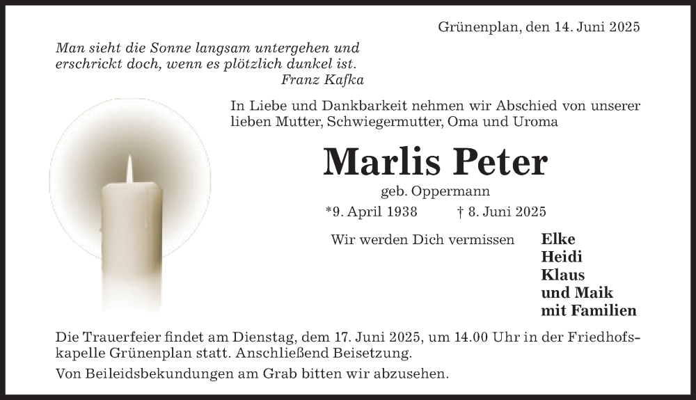  Traueranzeige für Marlis Peter vom 14.06.2025 aus Hildesheimer Allgemeine Zeitung