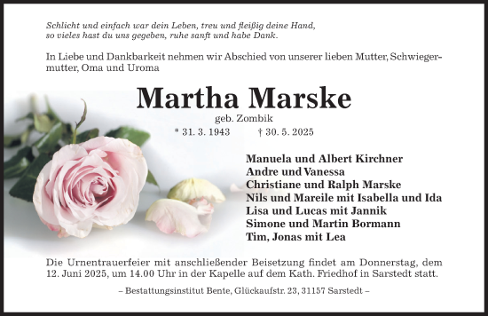 Traueranzeige von Martha Marske von Hildesheimer Allgemeine Zeitung