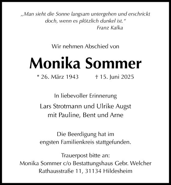 Traueranzeige von Monika Sommer von Hildesheimer Allgemeine Zeitung