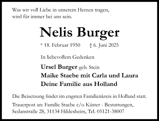 Traueranzeige von Nelis Burger von Hildesheimer Allgemeine Zeitung