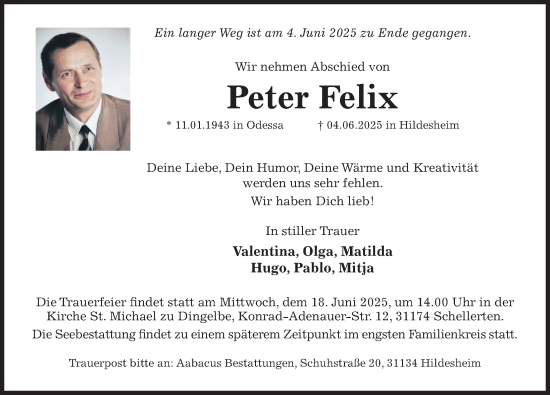 Traueranzeige von Peter Felix von Hildesheimer Allgemeine Zeitung