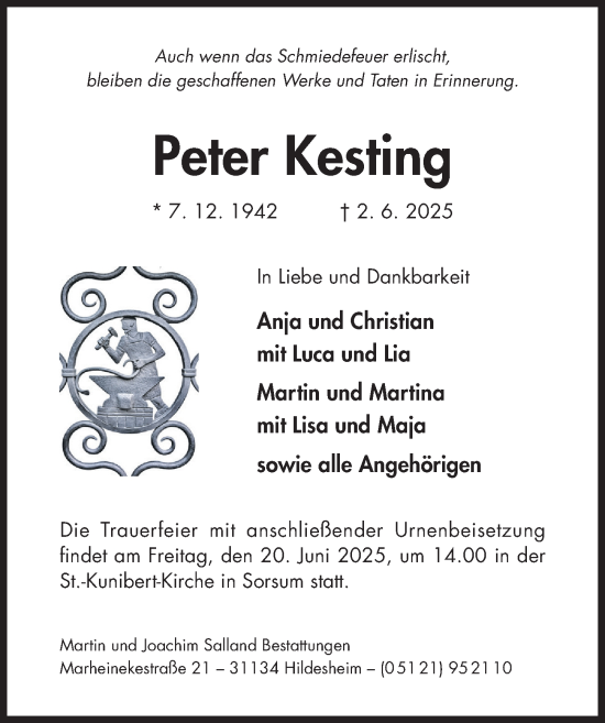 Traueranzeige von Peter Kesting von Hildesheimer Allgemeine Zeitung