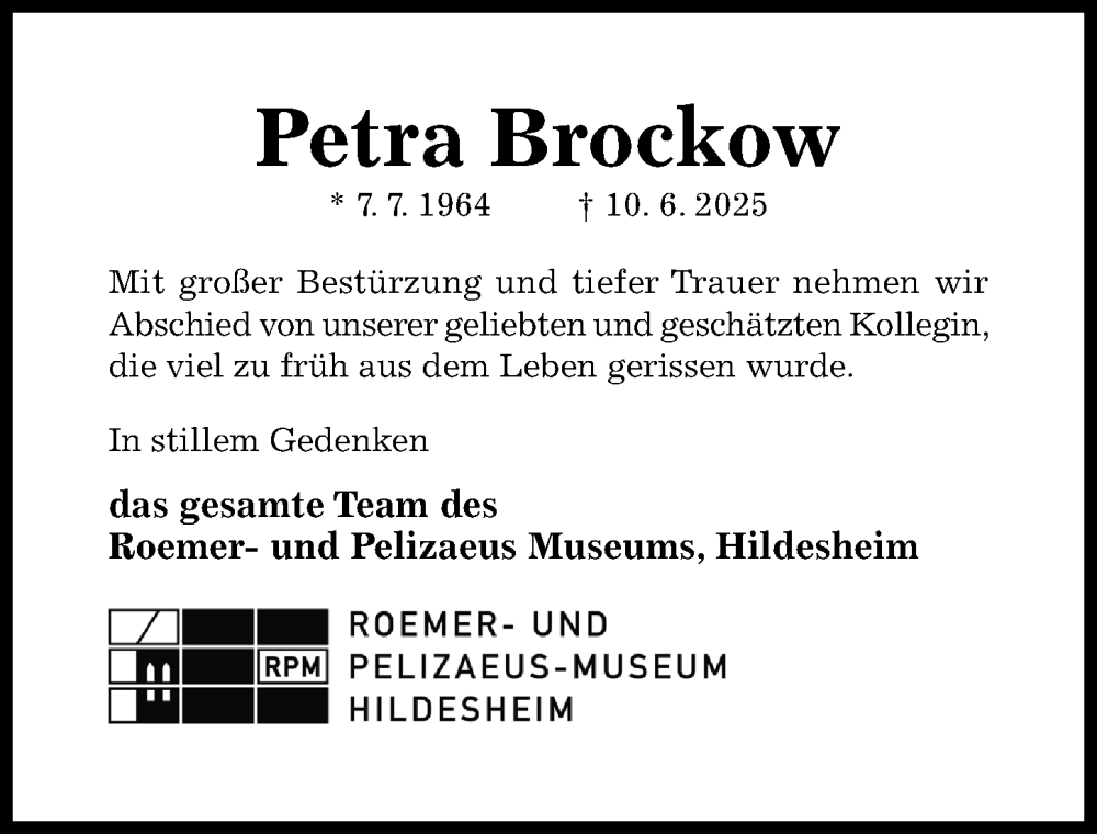  Traueranzeige für Petra Brockow vom 14.06.2025 aus Hildesheimer Allgemeine Zeitung