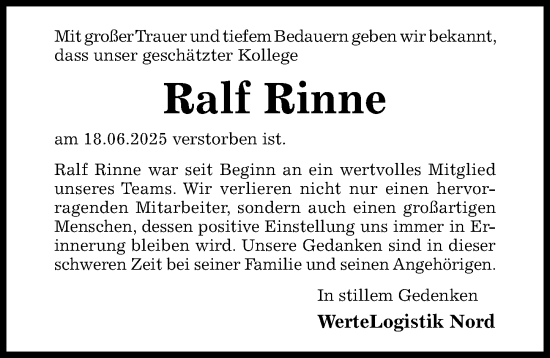 Traueranzeige von Ralf Rinne von Hildesheimer Allgemeine Zeitung