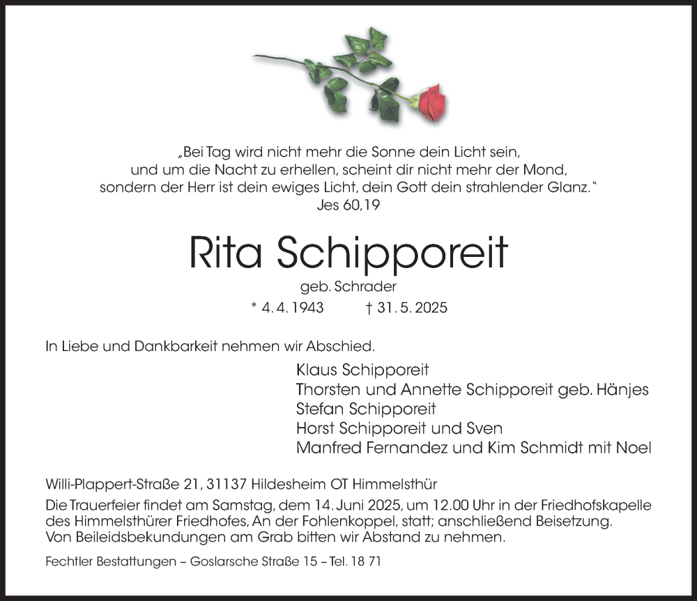  Traueranzeige für Rita Schipporeit vom 07.06.2025 aus Hildesheimer Allgemeine Zeitung