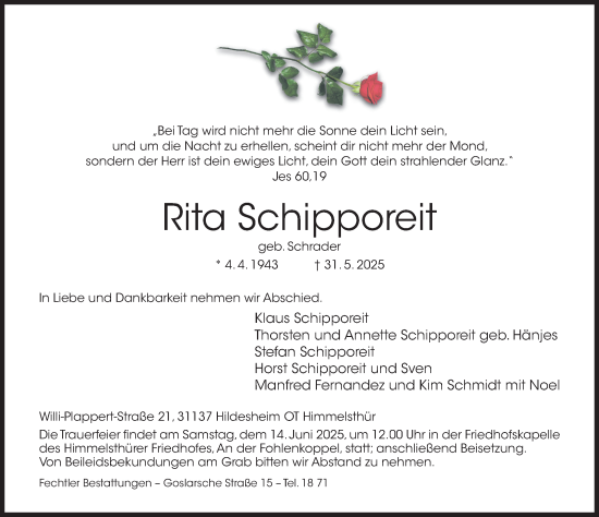 Traueranzeige von Rita Schipporeit von Hildesheimer Allgemeine Zeitung