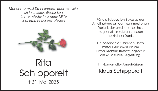 Traueranzeige von Rita Schipporeit von Hildesheimer Allgemeine Zeitung