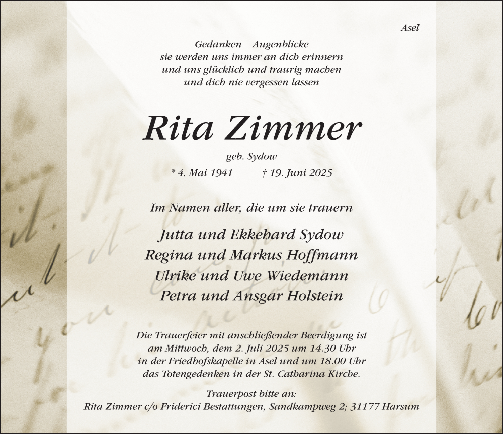  Traueranzeige für Rita Zimmer vom 25.06.2025 aus Hildesheimer Allgemeine Zeitung