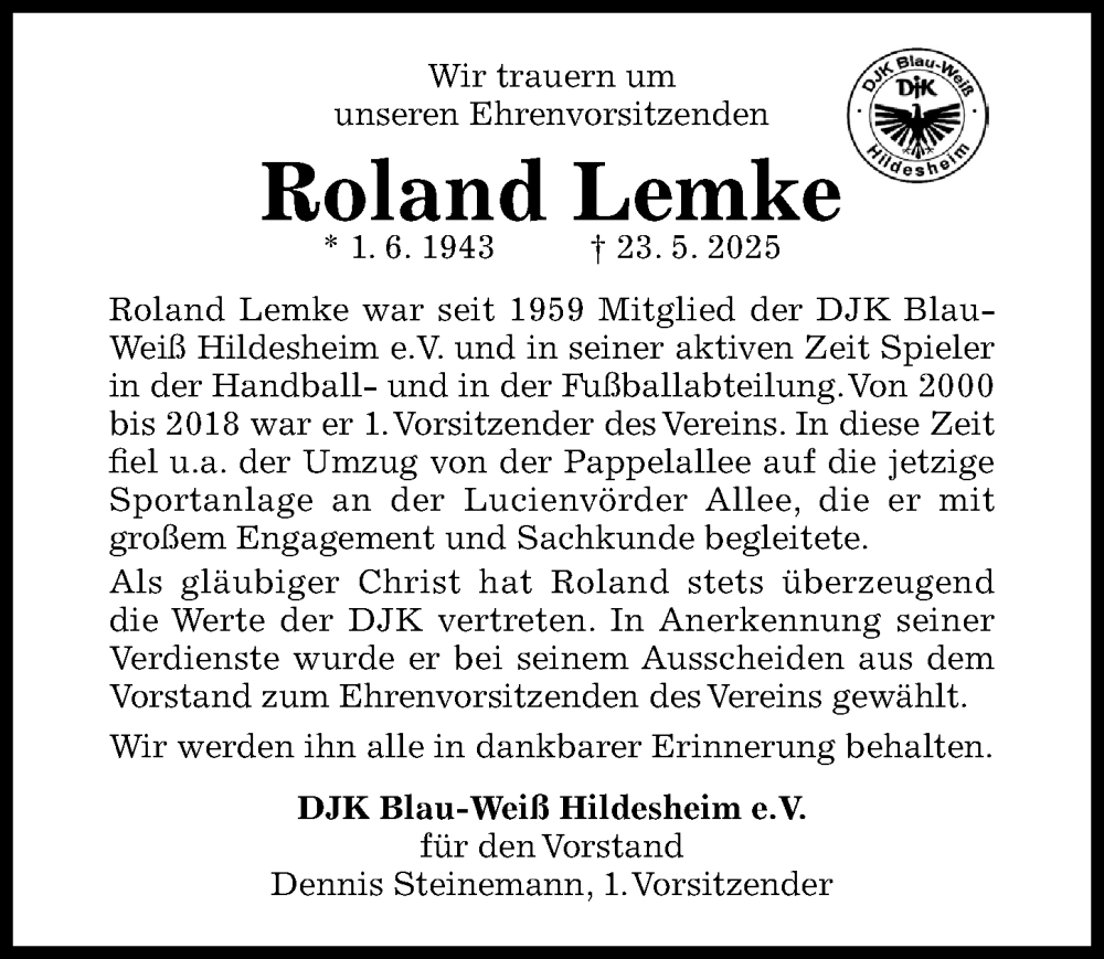  Traueranzeige für Roland Lemke vom 04.06.2025 aus Hildesheimer Allgemeine Zeitung