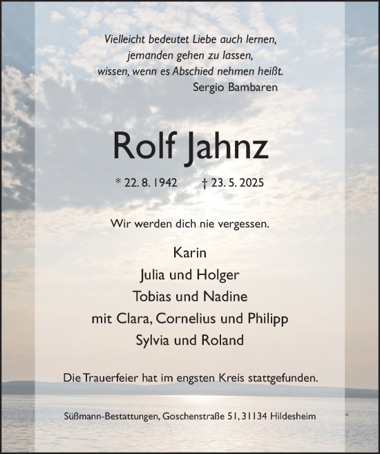 Traueranzeige von Rolf Jahnz von Hildesheimer Allgemeine Zeitung