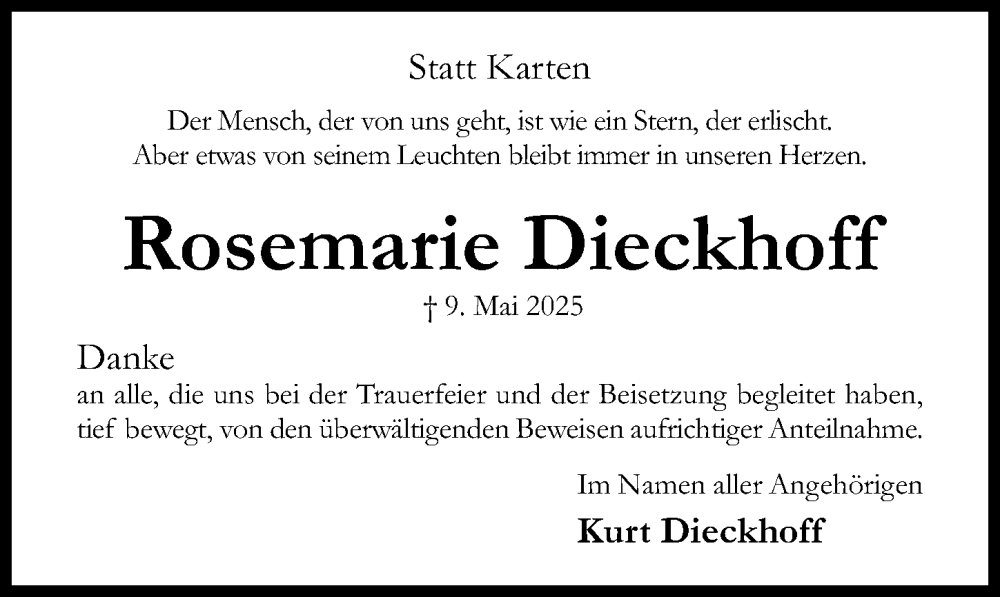  Traueranzeige für Rosemarie Dieckhoff vom 18.06.2025 aus Hildesheimer Allgemeine Zeitung