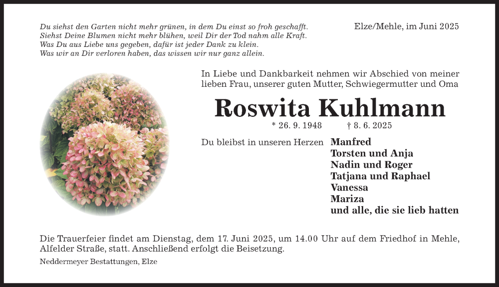  Traueranzeige für Roswita Kuhlmann vom 11.06.2025 aus Hildesheimer Allgemeine Zeitung