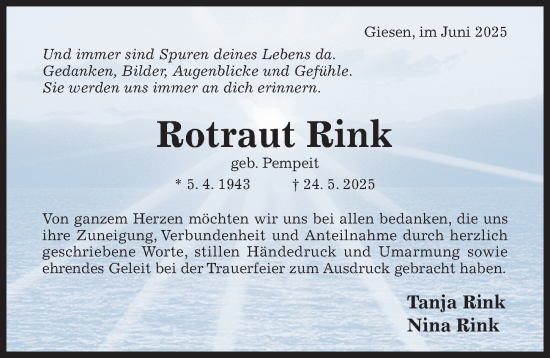 Traueranzeige von Rotraut Rink von Hildesheimer Allgemeine Zeitung