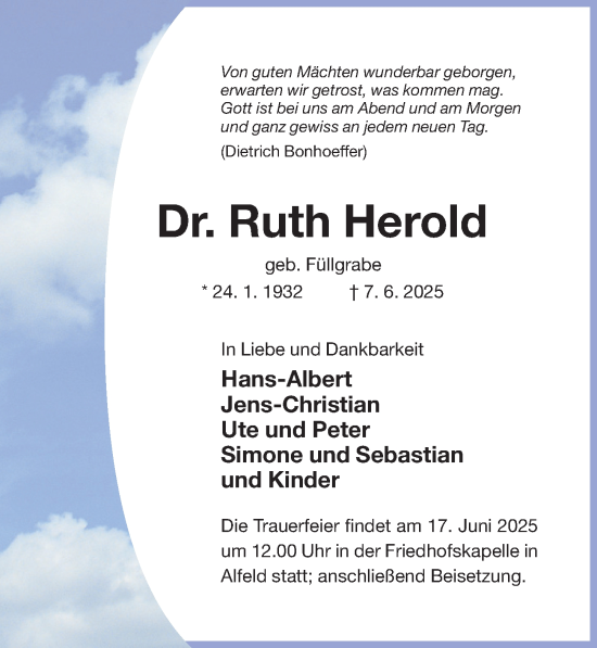 Traueranzeige von Ruth Herold von Hildesheimer Allgemeine Zeitung