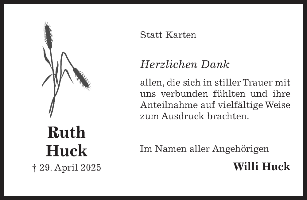  Traueranzeige für Ruth Huck vom 07.06.2025 aus Hildesheimer Allgemeine Zeitung