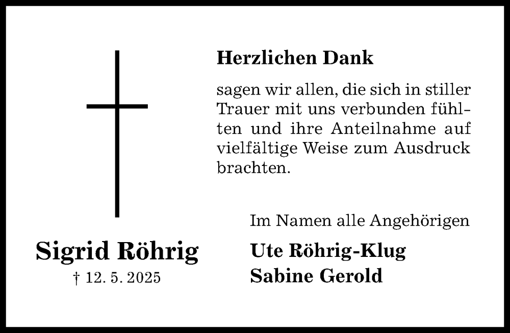  Traueranzeige für Sigrid Röhrig vom 21.06.2025 aus Hildesheimer Allgemeine Zeitung