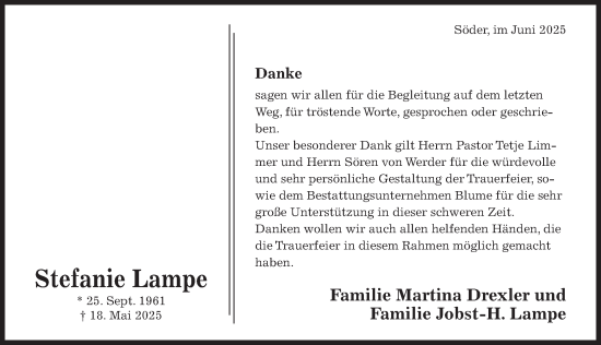 Traueranzeige von Stefanie Lampe von Hildesheimer Allgemeine Zeitung