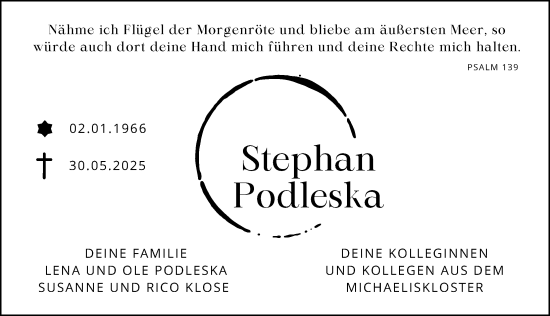 Traueranzeige von Stephan Podleska von Hildesheimer Allgemeine Zeitung