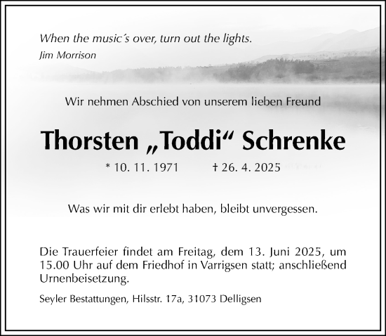 Traueranzeige von Thorsten Schrenke von Hildesheimer Allgemeine Zeitung