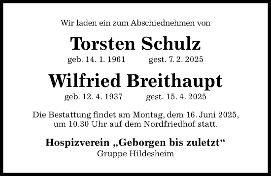 Traueranzeige von Torsten Schulz von Hildesheimer Allgemeine Zeitung
