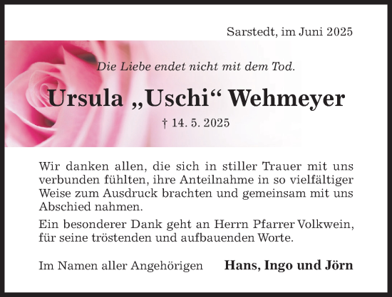 Traueranzeige von Ursula Wehmeyer von Hildesheimer Allgemeine Zeitung