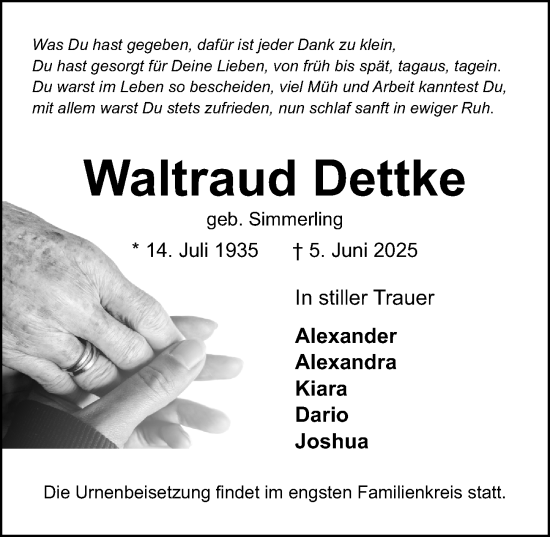 Traueranzeige von Waltraud Dettke von Hildesheimer Allgemeine Zeitung
