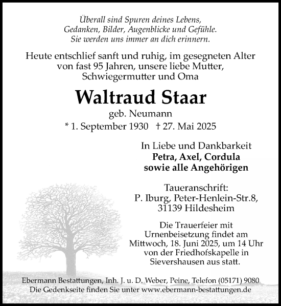 Traueranzeige von Waltraud Staar von Hildesheimer Allgemeine Zeitung