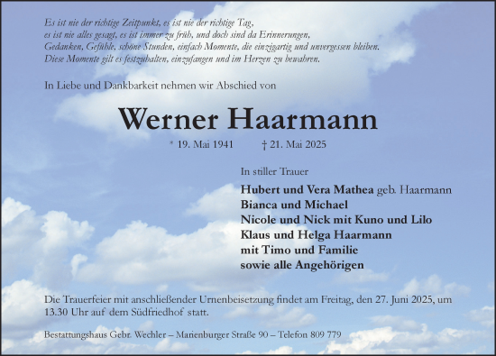 Traueranzeige von Werner Haarmann von Hildesheimer Allgemeine Zeitung