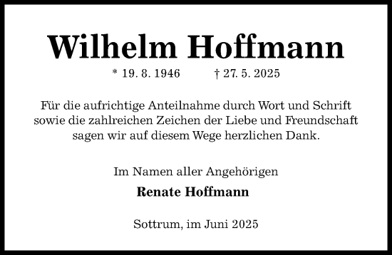 Traueranzeige von Wilhelm Hoffmann von Hildesheimer Allgemeine Zeitung