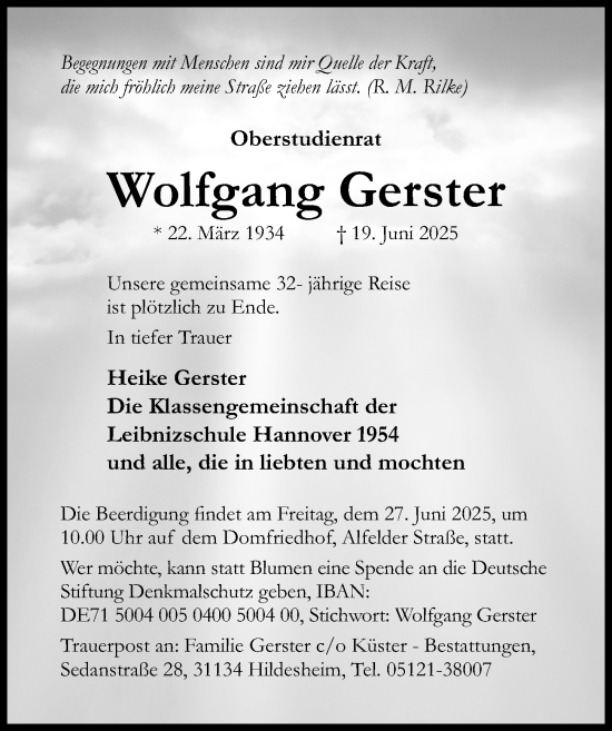 Traueranzeige von Wolfgang Gerster von Hildesheimer Allgemeine Zeitung