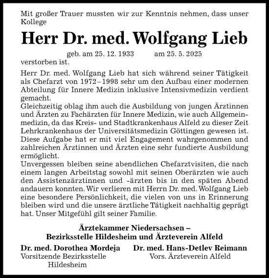Traueranzeige von Wolfgang Lieb von Hildesheimer Allgemeine Zeitung