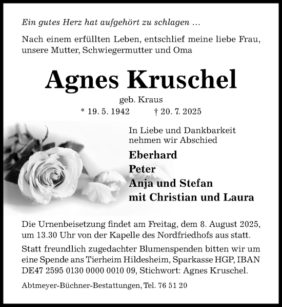 Traueranzeige von Agnes Kruschel von Hildesheimer Allgemeine Zeitung