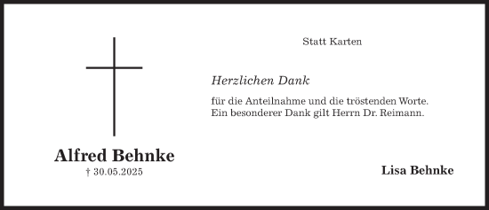 Traueranzeige von Alfred Behnke von Hildesheimer Allgemeine Zeitung
