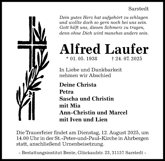 Traueranzeige von Alfred Laufer von Hildesheimer Allgemeine Zeitung