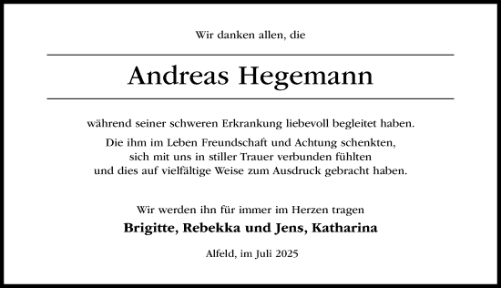 Traueranzeige von Andreas Hegemann von Hildesheimer Allgemeine Zeitung