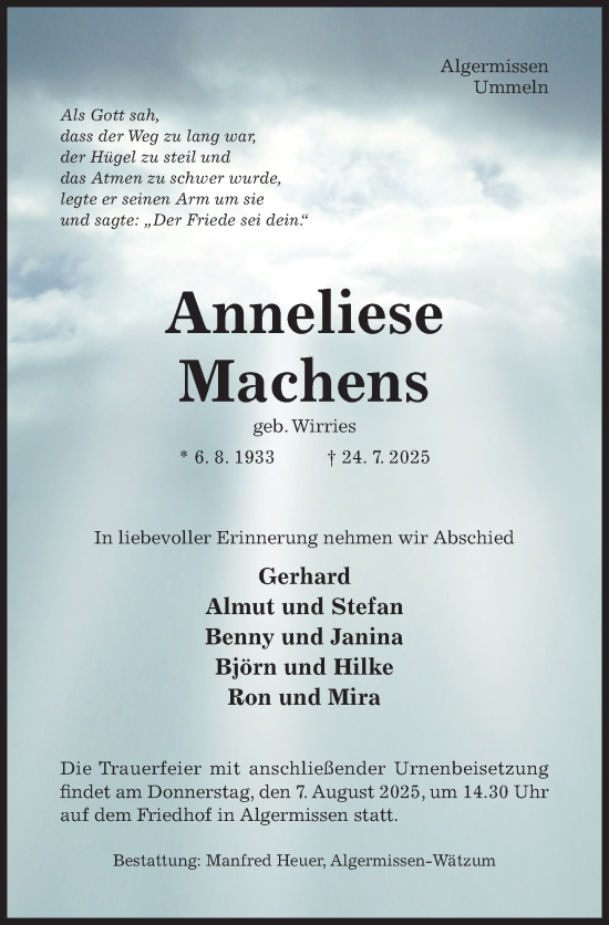 Traueranzeige von Anneliese Machens von Hildesheimer Allgemeine Zeitung