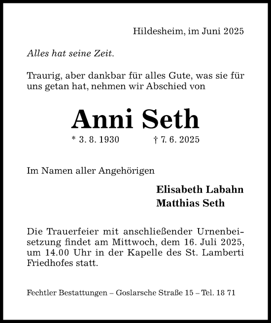 Traueranzeige von Anni Seth von Hildesheimer Allgemeine Zeitung