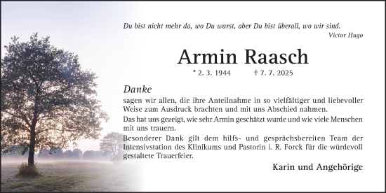 Traueranzeige von Armin Raasch von Hildesheimer Allgemeine Zeitung